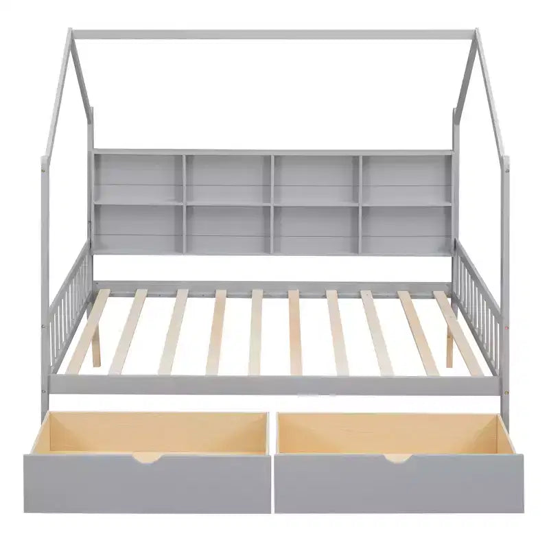 Letto a piattaforma in legno con rotelle e scaffale-ModernLuxe