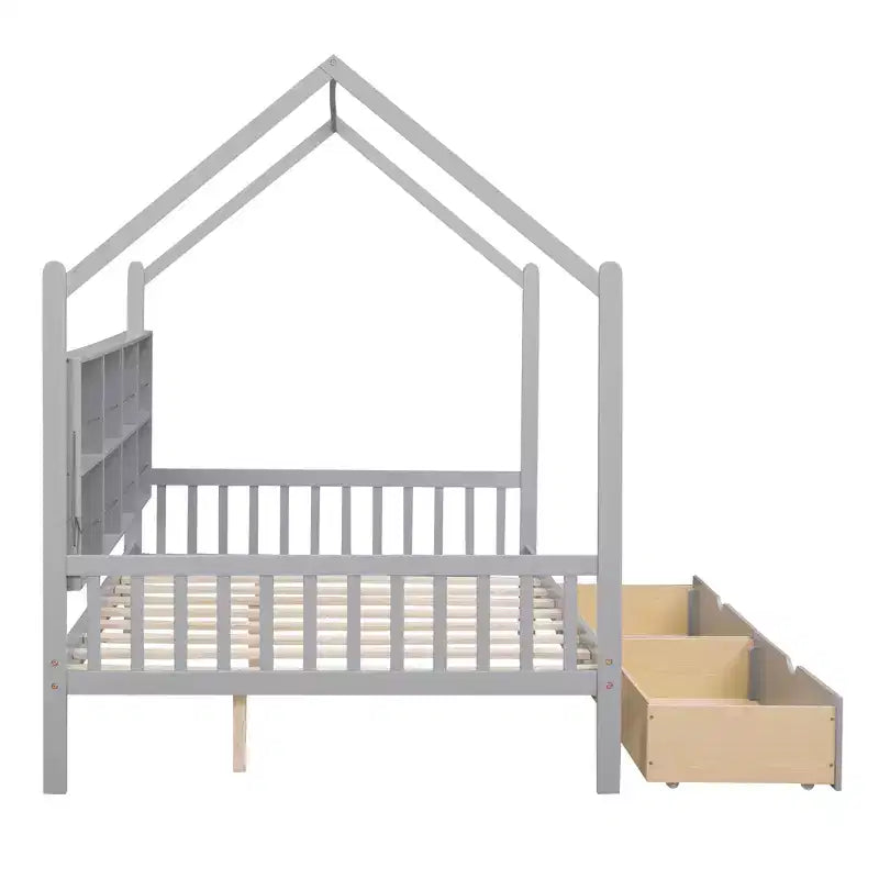 Letto a piattaforma in legno con rotelle e scaffale-ModernLuxe