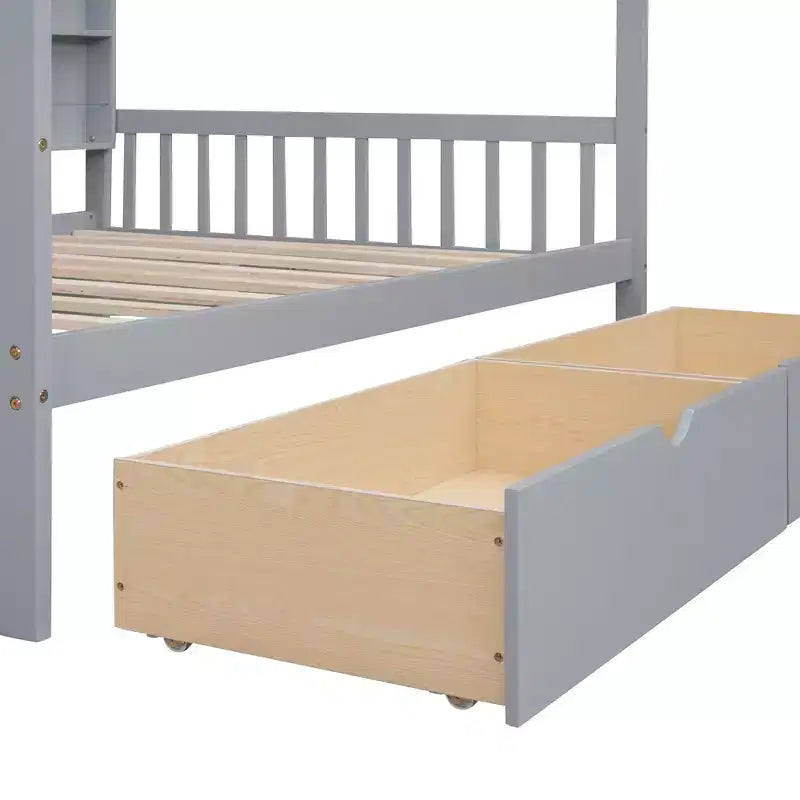 Letto a piattaforma in legno con rotelle e scaffale-ModernLuxe